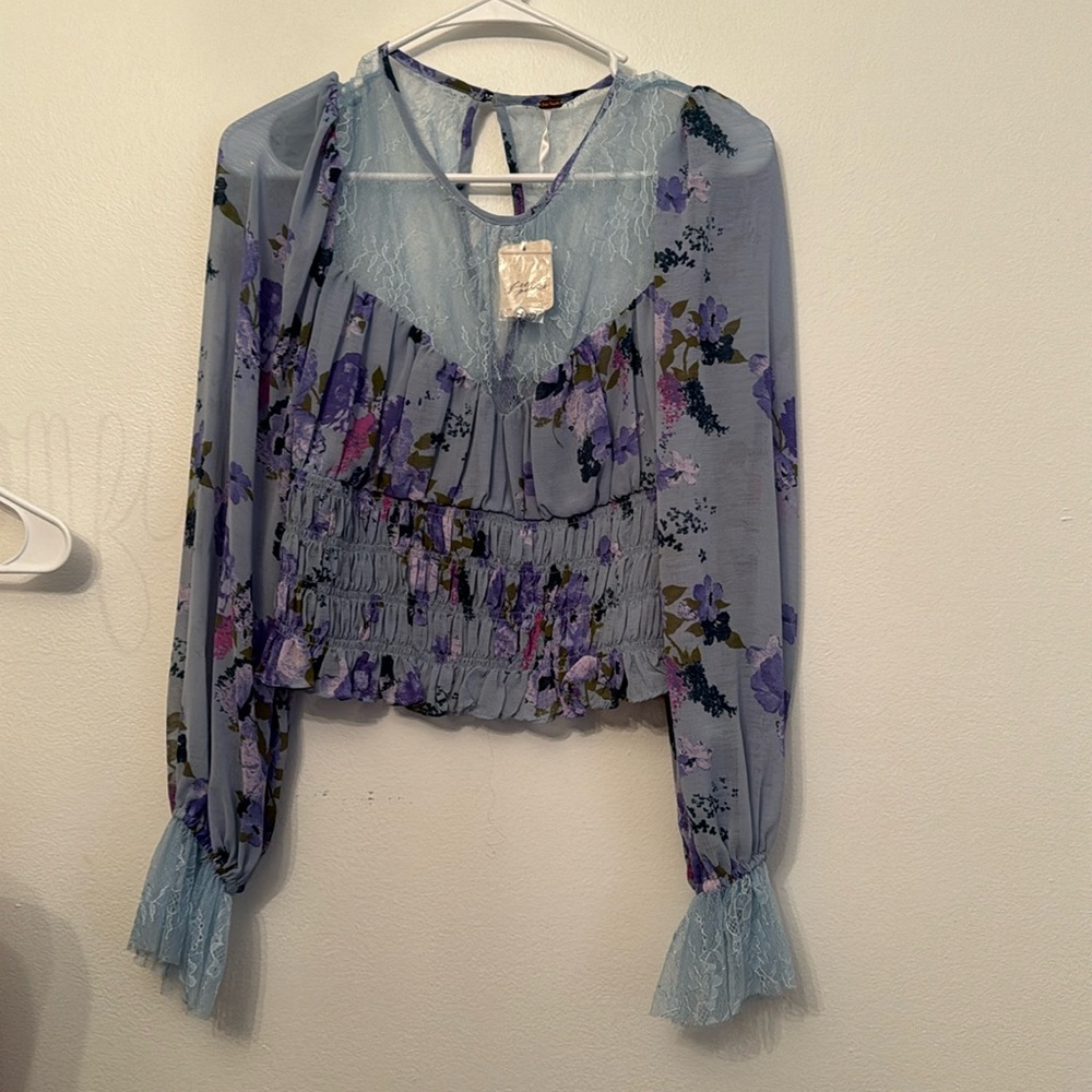 NWT Free People Small rouched long sleeve blouse button back. blues and purples